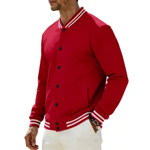 Men's retro red fleece bomber jacket with white striped ribbed collar and snap buttons.