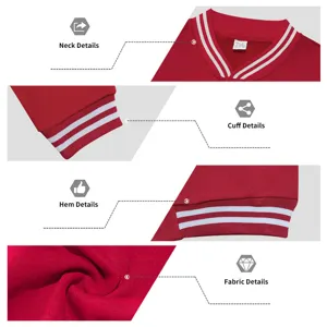 Red varsity jacket detail view showing classic striped collar, cuffs, hem and soft fabric.