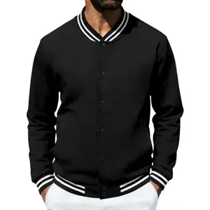 Detailed view of the stylish black mens varsity jacket featuring contrast striped rib trim.