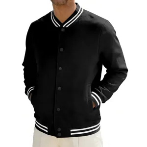 Men's vintage varsity jacket black bomber coat with striped ribbing casual outerwear.