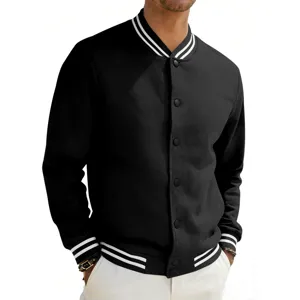 Men black varsity jacket detail, retro snap button baseball coat with striped ribbed collar.