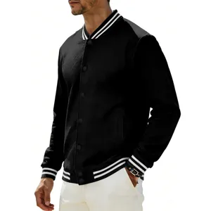 Classic men's black varsity jacket with white striped ribbed trim and snap button closure.