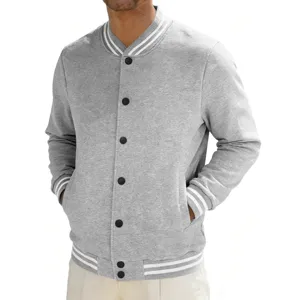 Detailed view of the men's grey vintage varsity baseball jacket with stylish striped collar.