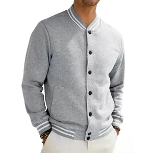 Men's vintage grey fleece baseball jacket, stylish striped collar, comfortable fit detail.