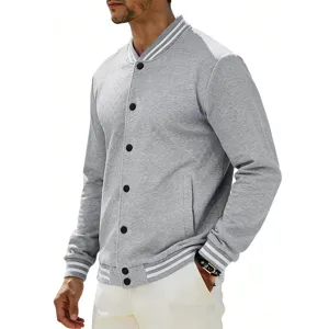 Close up detail view of casual grey mens varsity baseball jacket with striped ribbed collar.