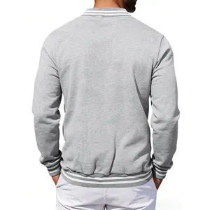 Men's vintage grey fleece baseball jacket back view, casual bomber hoodie outerwear apparel.