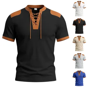 Men's casual waffle knit short sleeve t-shirt with color block and lace-up summer top