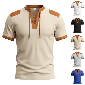 Men's summer waffle knit short sleeve t-shirt casual contrast color lace up v-neck top