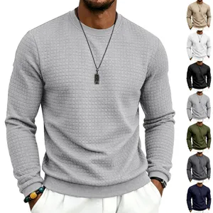 Men's casual waffle knit crewneck long sleeve pullover top detail view showing texture.