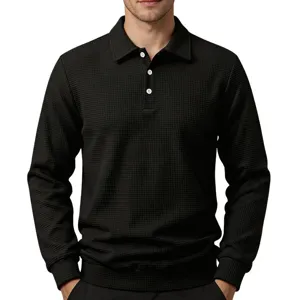 Heren zwart lange mouw wafelsteek polo shirt casual trui top voor de herfst.