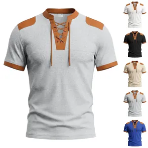 Men waffle knit contrast color lace up short sleeve t shirt casual loose summer top.