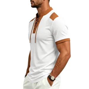 Men's stylish waffle knit short sleeve t-shirt with contrast color lace-up detail.