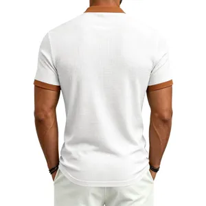 Men's waffle knit short sleeve polo shirt, contrast color collar back view detail.