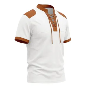 Men waffle knit short sleeve t shirt colorblock lace up casual summer top breathable