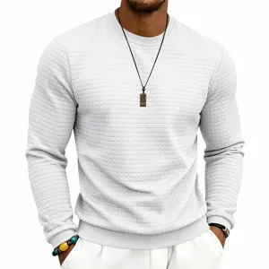 Close-up detail of white textured grid long sleeve men pullover sweater showing fabric pattern.