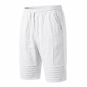 Men's casual white summer shorts with drawstring waist and pleated hem design for daily wear.