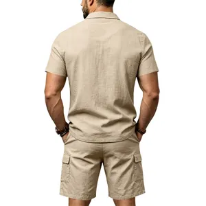 Herren Leinen Kurzarm Polohemd und Cargo Shorts Set für Sommer Freizeit Strand Outfits.