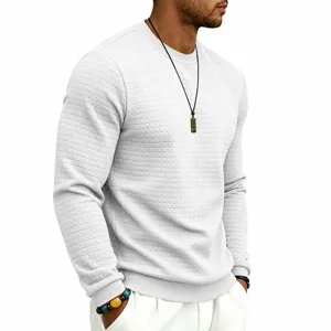 Detailed view of men's white jacquard grid crewneck long sleeve casual pullover sweatshirt.