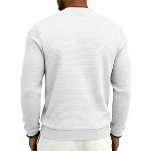 Back view detail of men's white textured jacquard crewneck long sleeve casual sweater.
