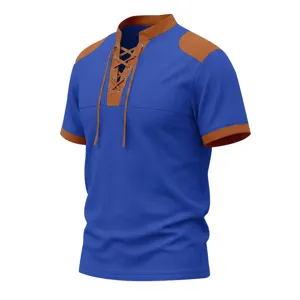 Close-up detail of men waffle knit t-shirt with contrast colorblock and drawstring.