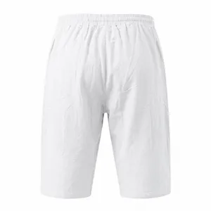 Men's casual white shorts with elastic drawstring waist, comfortable summer beach wear.
