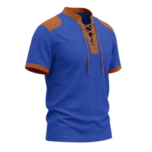 Men's short sleeve waffle t-shirt with lace up v neck and contrast color blocking top casual