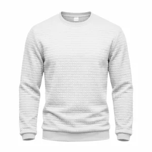 Detailed view of men's solid color waffle knit long sleeve crewneck casual sweatshirt top.