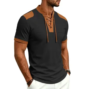 Close-up view of the men's waffle knit short sleeve t-shirt with contrast panels and lace-up.