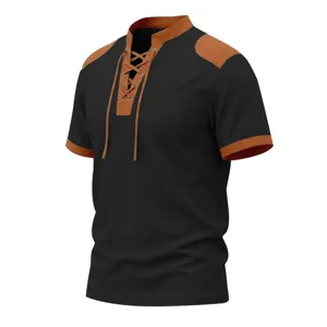 Detailed view of men's waffle knit short sleeve t-shirt with contrast lace-up V-neck.
