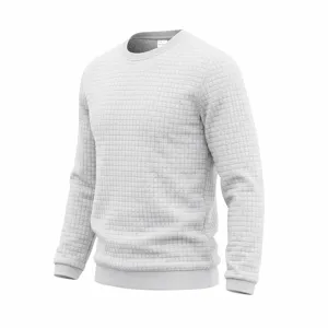 Detailed view of men's waffle knit crewneck long sleeve sweater featuring small square texture.