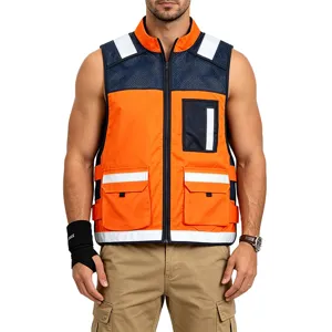 Men's high visibility reflective tactical vest with multiple utility pockets for outdoor work safety.