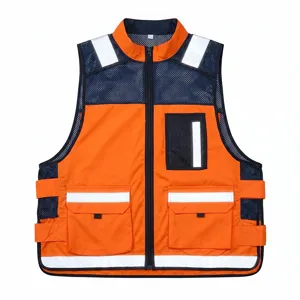 Close-up view of the reflective safety vest featuring multiple functional pockets and mesh.
