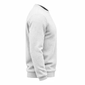 Detailed side view of men's casual long sleeve crewneck waffle knit sweatshirt texture.