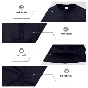 Vue détaillée de t-shirt Henley à manches longues en tricot gaufré bleu marine homme.