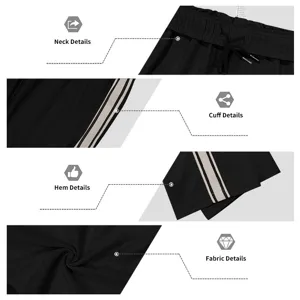 Pantalon de survêtement noir avec bandes contrastées sur les côtés, décontracté et léger.