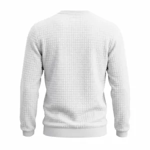 Men's solid white crewneck long sleeve waffle textured casual pullover sweatshirt detail view.