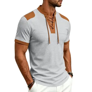Men's summer waffle knit short sleeve t-shirt with color block drawstring casual top.