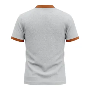 Back view detail of men casual waffle knit short sleeve top, grey body and brown collar.