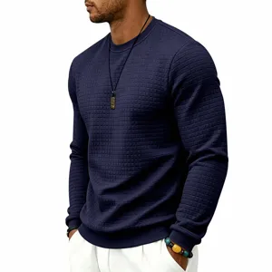 Men's solid color crewneck long sleeve jacquard waffle grid sweatshirt top detail view