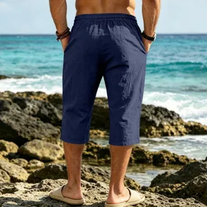 Mens casual cotton linen beach shorts summer capris detail view with comfortable drawstring.