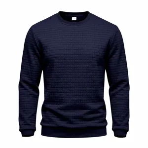 Men Navy Blue Grid Textured Long Sleeve Crewneck Casual Pullover Everyday Sweatshirt