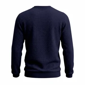 Men's navy blue crew neck long sleeve waffle knit sweater casual solid color basic pullover top.