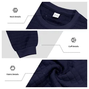 Men casual navy blue textured long sleeve crew neck sweatshirt detail view showcasing fabric and fit.