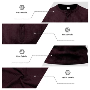 Vue détaillée du t-shirt Henley à manches longues en tricot gaufré pour homme.