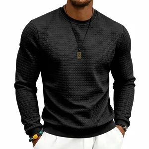 Detailed view of men's casual waffle knit long sleeve crewneck shirt in solid black color.
