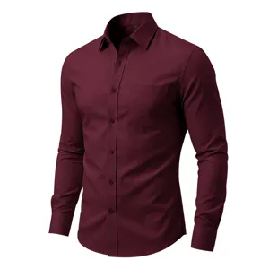 Camisa de hombre burdeos manga larga detalle, ajuste slim elegante para negocios.