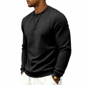 Men's solid color crewneck long sleeve waffle knit sweater, casual slim fit grid pullover.