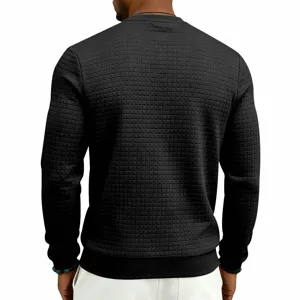 Detail view of mens black grid jacquard long sleeve crewneck sweatshirt back perspective.