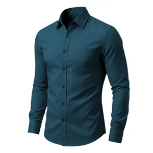Camisa de hombre color solido manga larga entallada con bolsillo detalle vista.