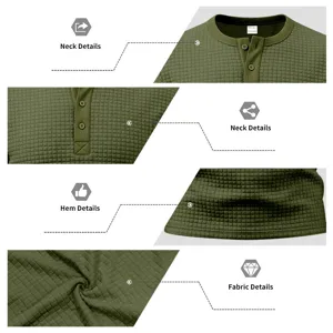 Vue détaillée chemise henley manches longues gaufrées vert homme col tissu et ourlet.